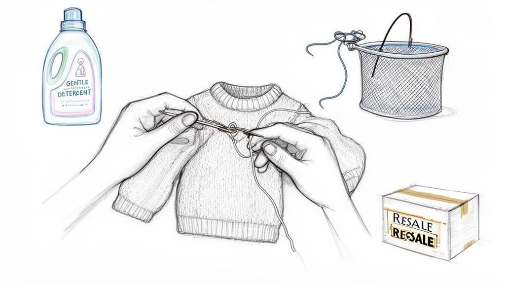 Illustration showing sustainable clothing care: gentle detergent, hands mending a sweater, laundry bag, and resale box.