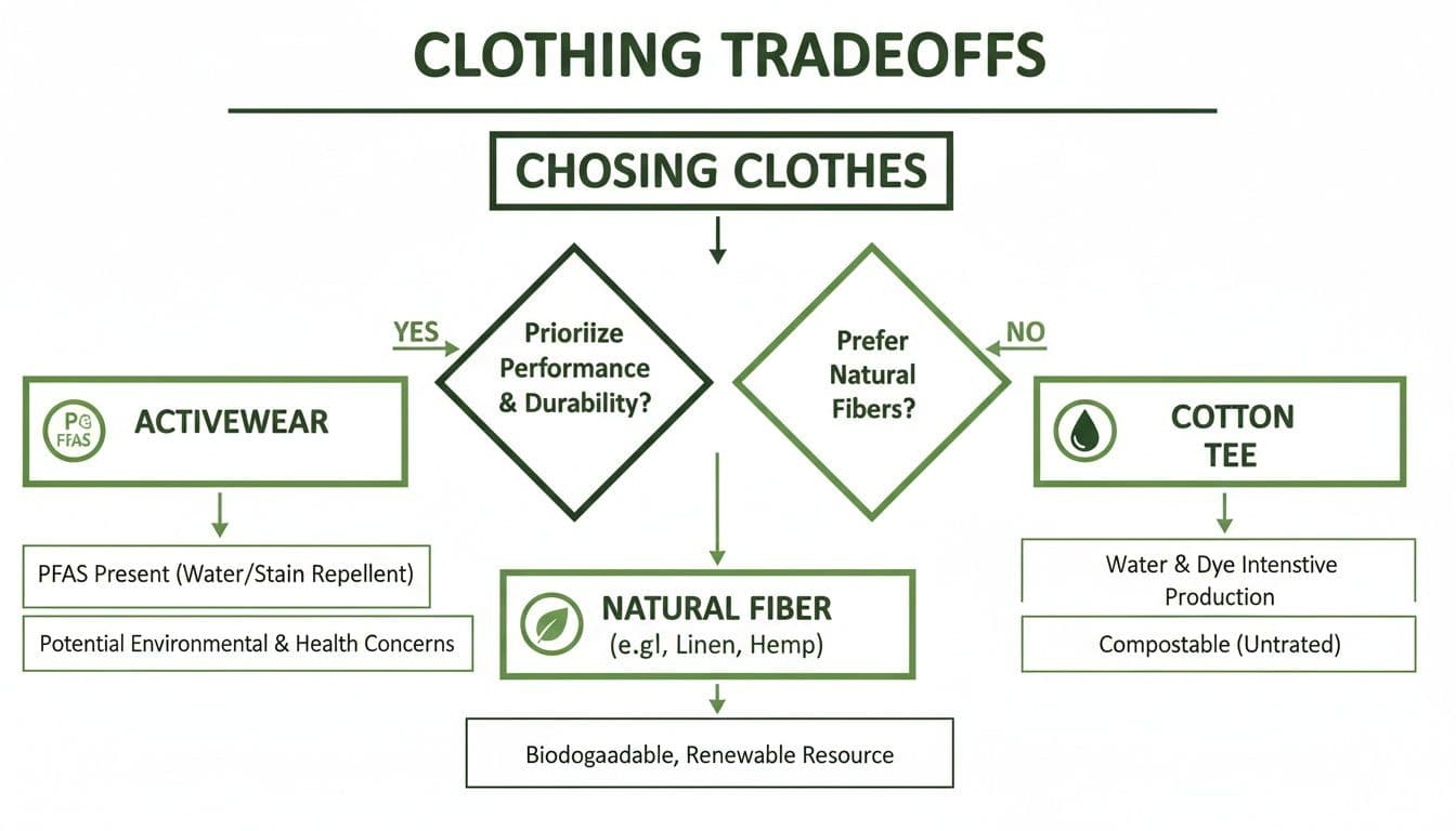 Flowchart illustrating clothing tradeoffs, comparing activewear, natural fibers, and cotton production impacts.