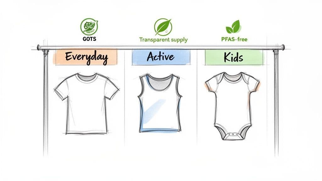 Clothing rack displaying GOTS, transparent supply, and PFAS-free everyday, active, and kids' garments.