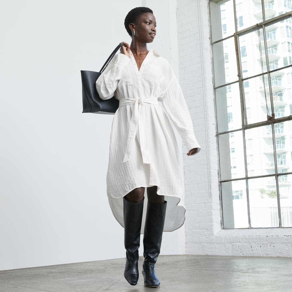 The City Stripe Draped Shirt Dress | Bone 1