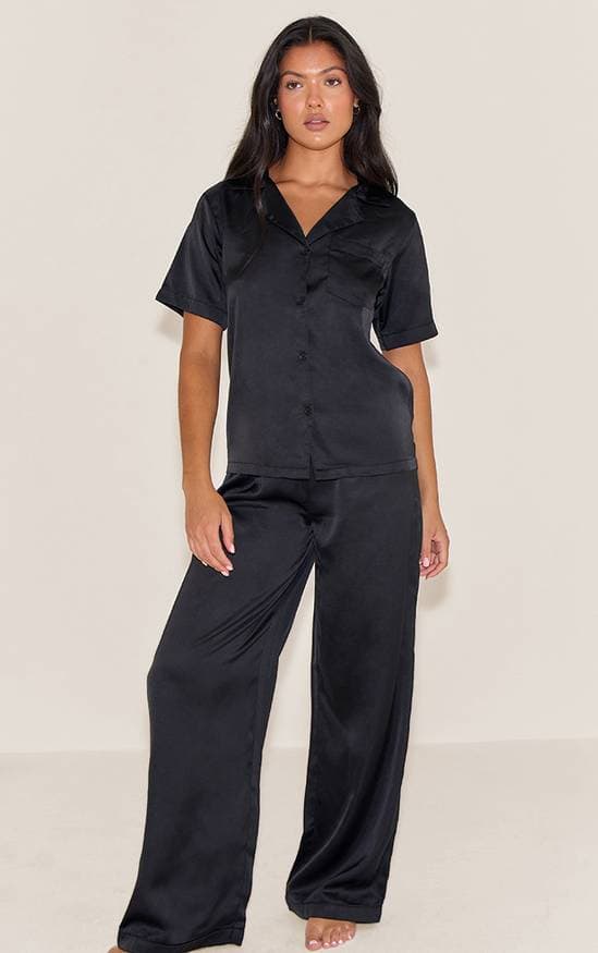 Noir Ensemble De Pyjama Long En Satin À Manches Longues