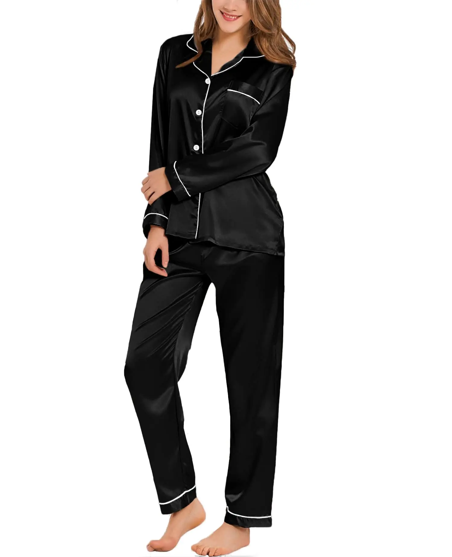 Women's Silk Satin Pajamas Loungewear Two-piece Sleepwear Button-Down Full Sleeve Long Pj Set