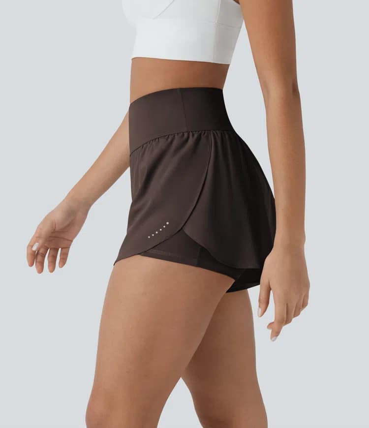 SoftlyZero™ QuickDry High Waisted Tummy Control Reflective Dots Crossover Hem 2-in-1 Running Shorts 3'' with Pockets