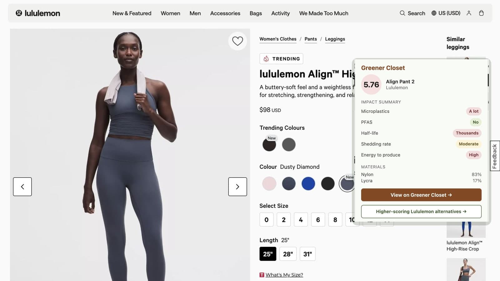 Greener Closet score popup on a Lululemon product page, showing the 0–100 score, materials, and impact labels without leaving the store tab.