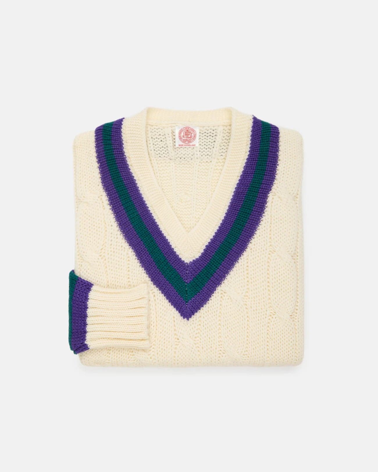 Made-in-England Purple & Green Cable Knit Wool Cricket Sweater