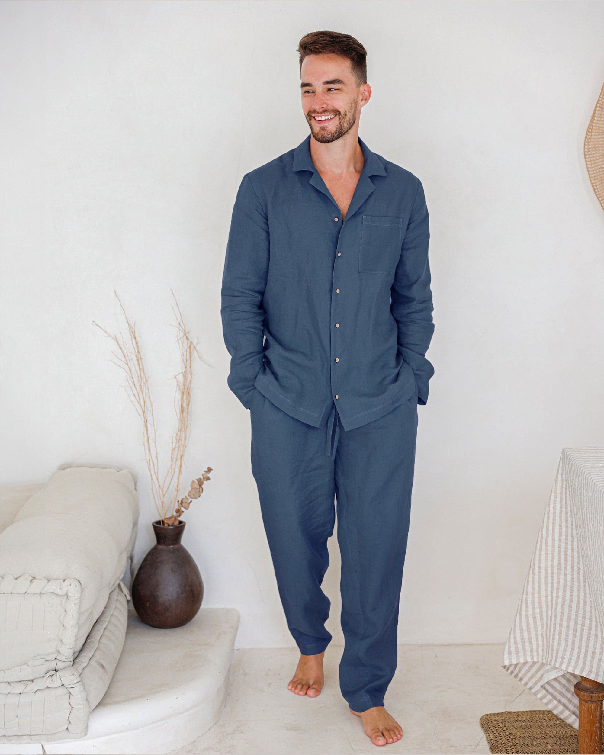 Men's linen pajama set VIGO in Deep Navy Blue