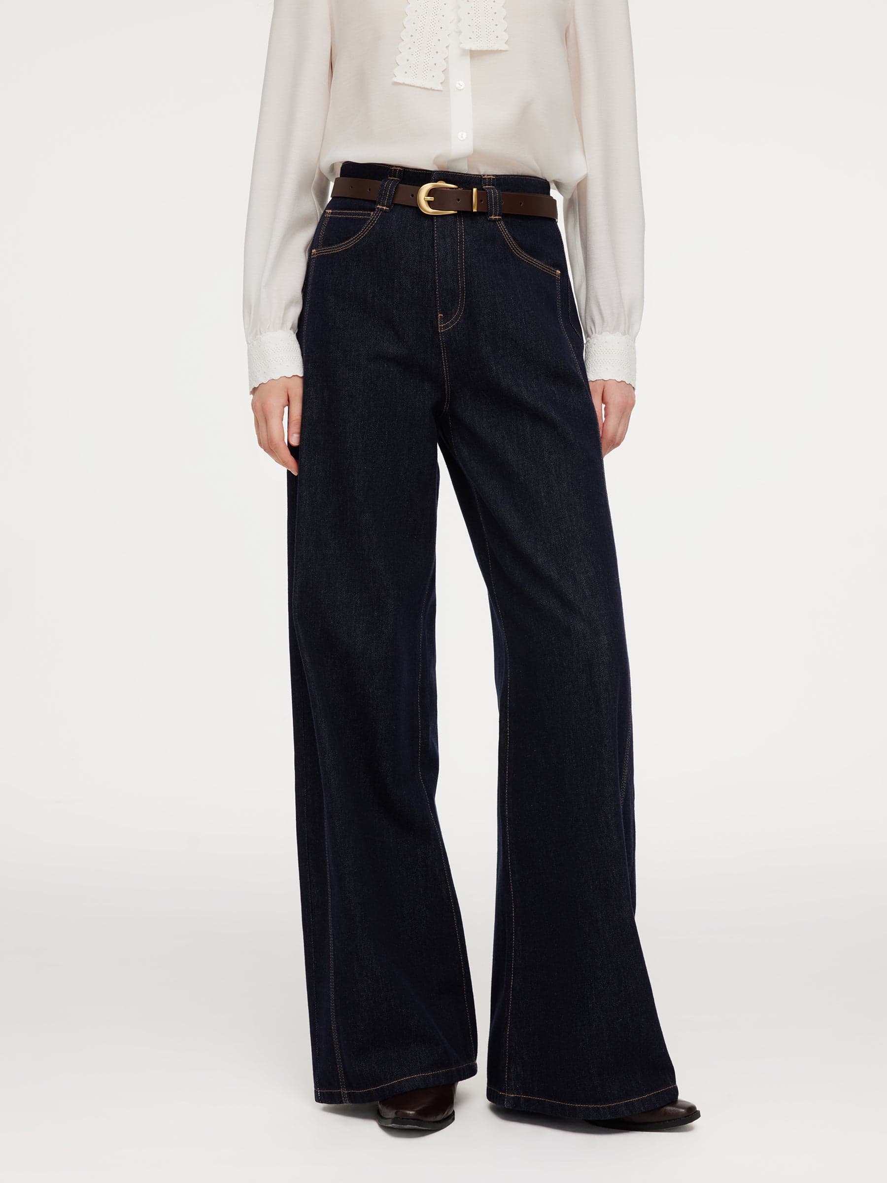 100% Cotton Denim Women Wide Leg Jeans With Belt