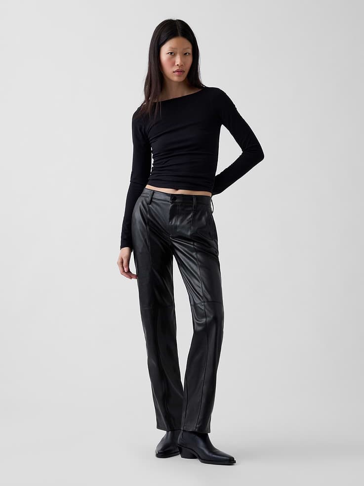 Mid Rise Recycled Vegan Leather Relaxed Straight Pants