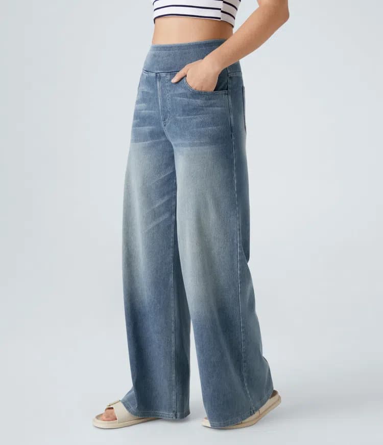 Halara Flex™ High Waisted Multiple Pockets Baggy Wide Leg Washed Stretchy Knit Casual Jeans