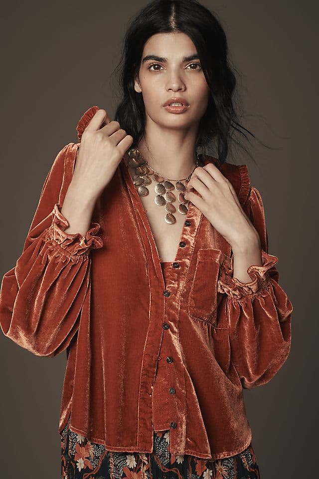 The Keira Collared Button-Front Blouse by Pilcro: Long-Sleeve Velvet Edition