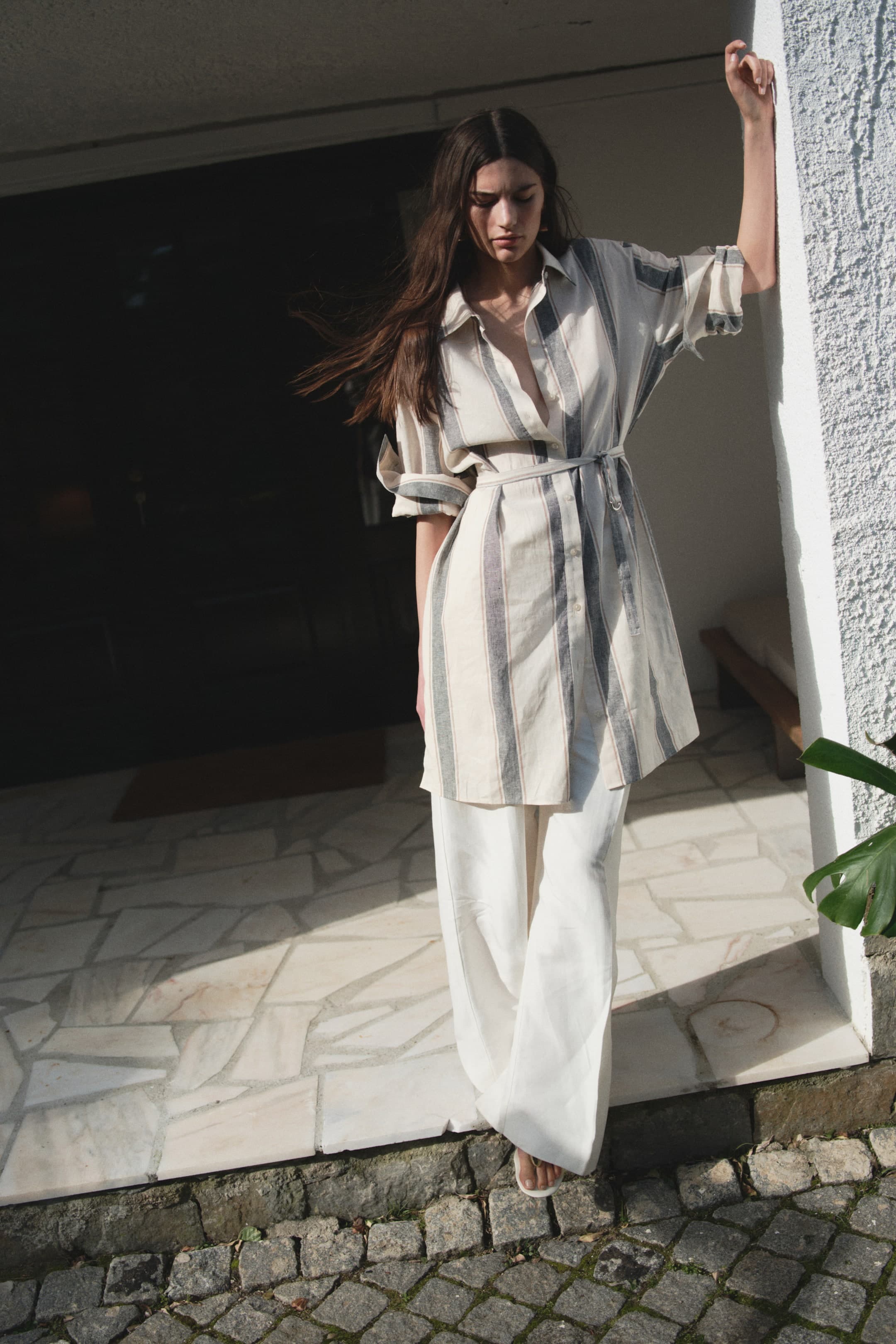 Linen-Blend Shirt Dress - Light beige/black striped - Ladies