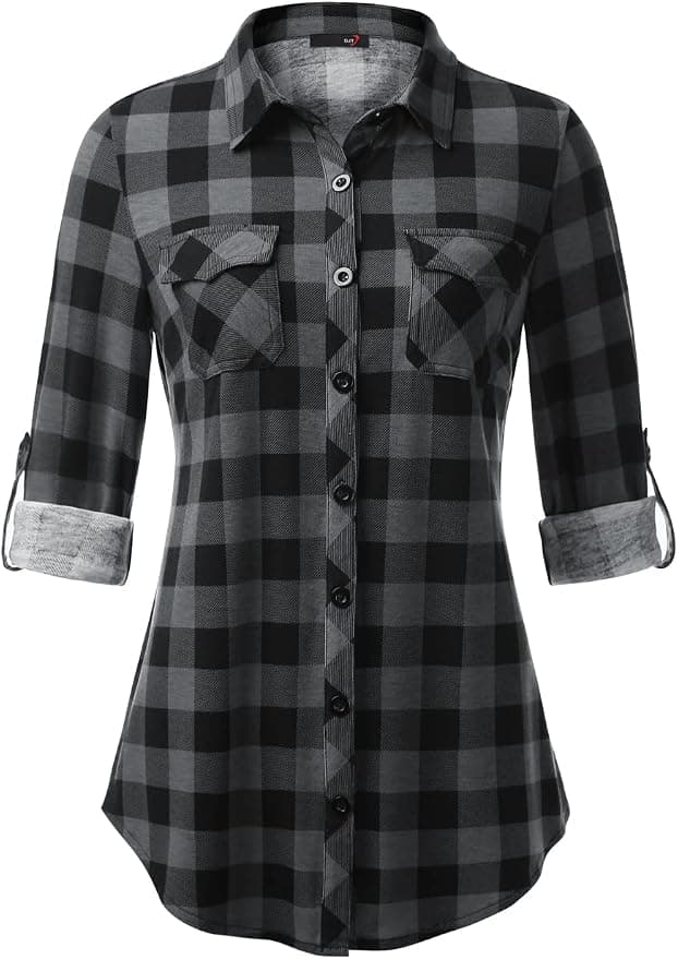 Knit Plaid Shirts Roll Up Long Sleeve Collared