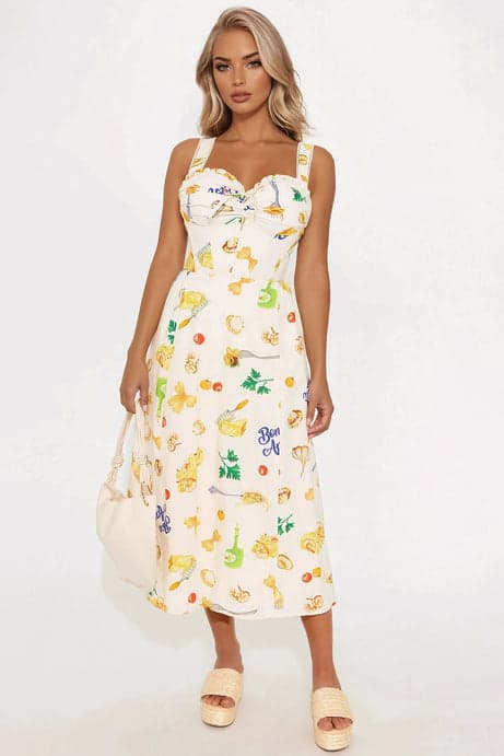 Symphony of Flavors Pasta Linen Midi Dress - Ivory/combo
