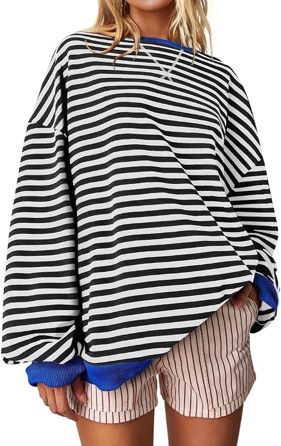 Oversized Striped Crewneck Sweatshirt Long Sleeve
