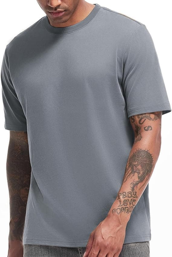 VEIISAR Men's Heavy Weight Crew Neck T-Shirt Mens Premium Cotton Tee Grey S