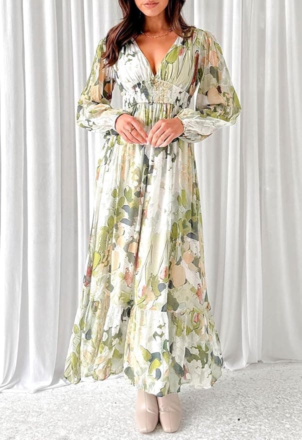 Sissyaki Women's Long Sleeve Boho Floral Maxi Dress Smocked Beach Flowy Dress