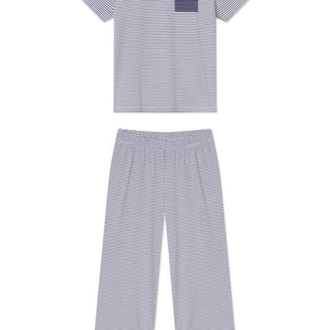 Pima Crew Wide Leg Pajama Set in English Navy Stripe