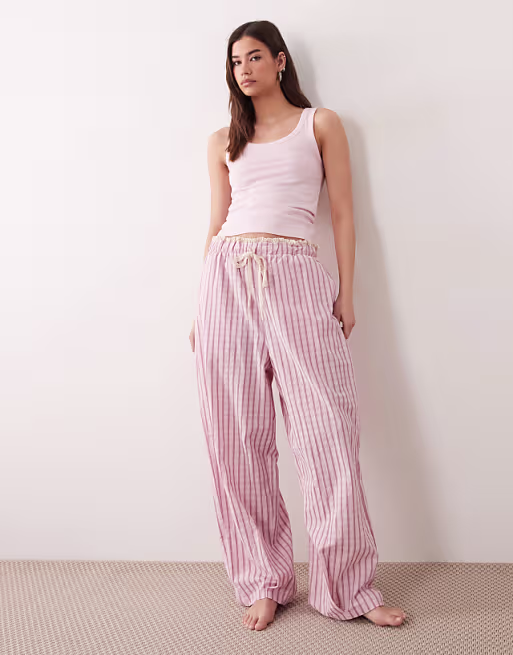Pantalon de pyjama texturé à carreaux avec taille bordée de dentelle - Rose