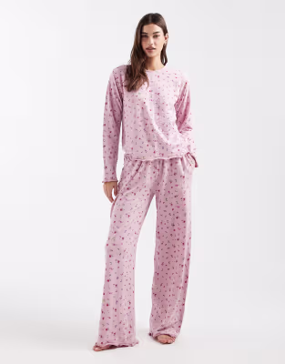Ensemble de pyjama manches longues en coton mélangé avec imprimé à petites fleurs - Rose