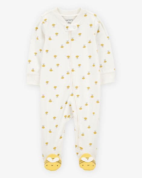 Baby Bee Print 2-Way Zip Cotton Sleep & Play Pajamas - Cream