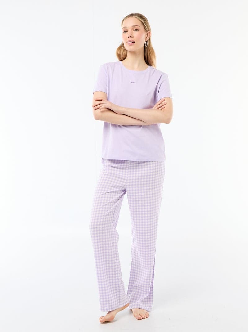 Ensemble pyjama long t-shirt pantalon à carreaux 2 pièces violet