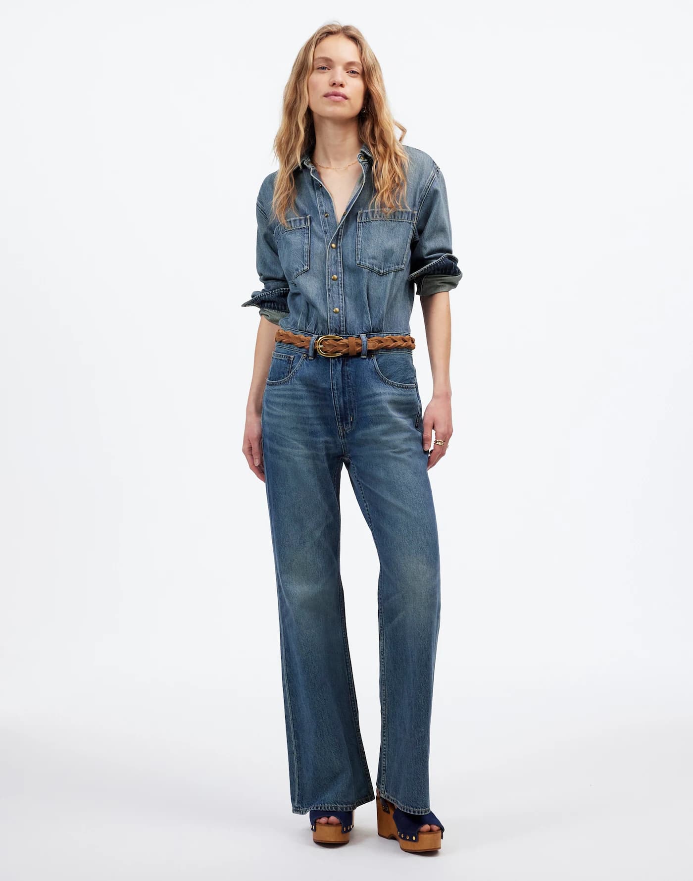 Denim Relaxed Flare Jumpsuit in Croswell Wash