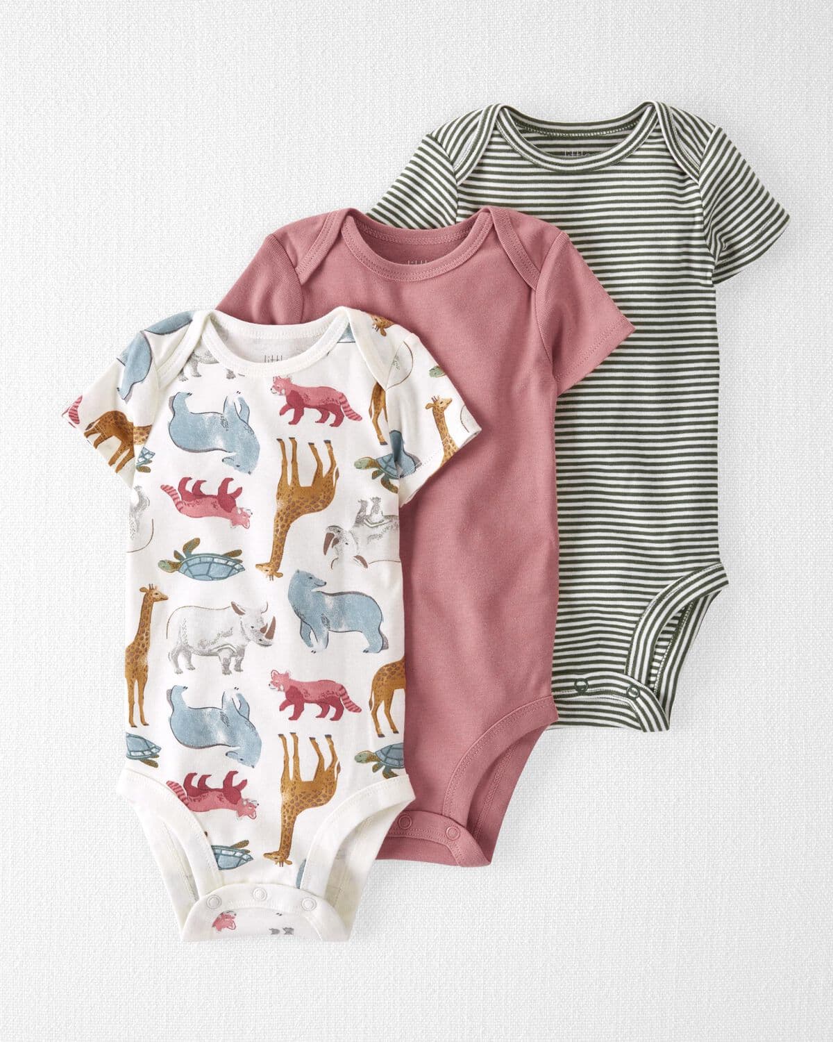 Baby Organic Cotton Rib 3-Pack Animal and Striped Bodysuits