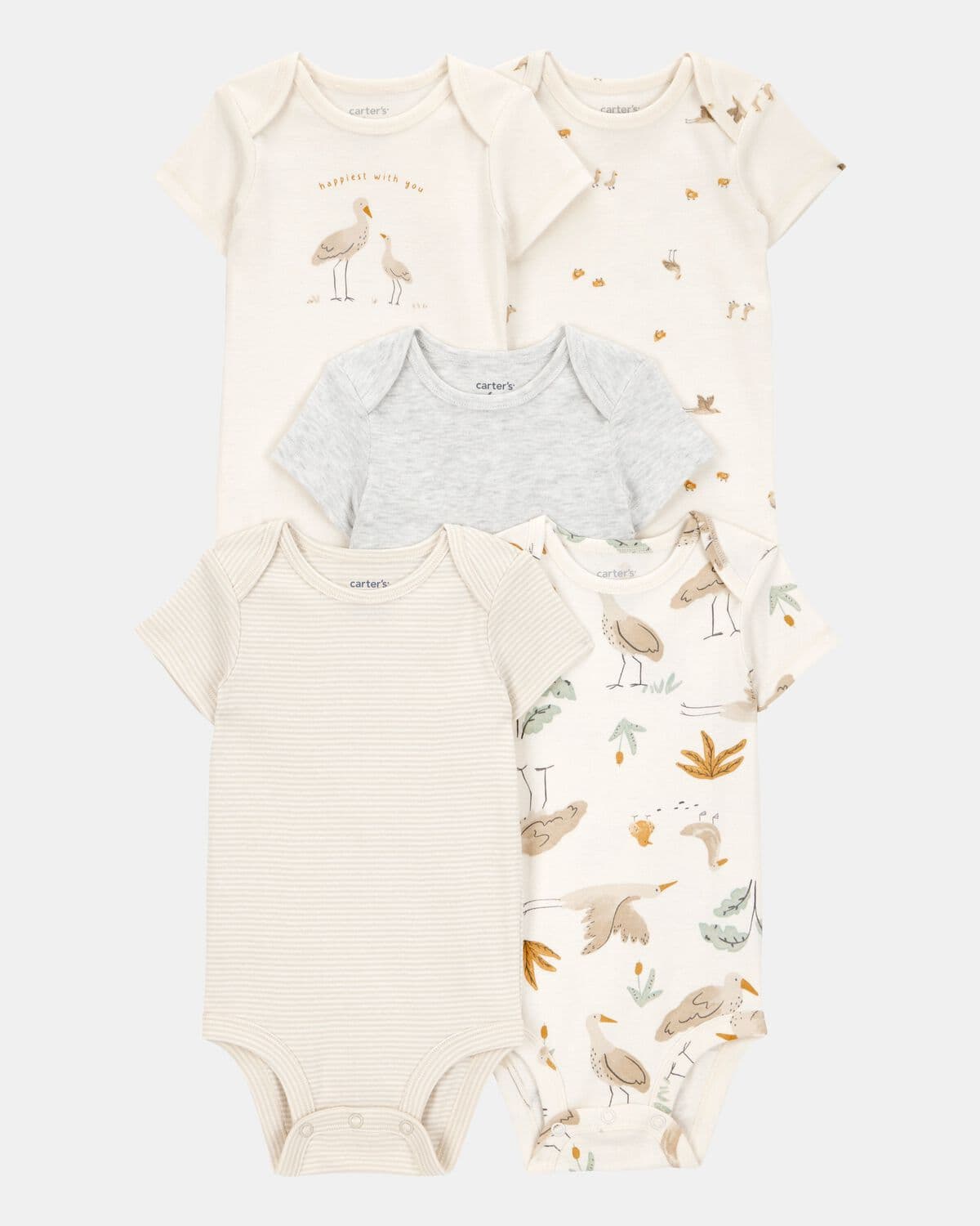 Baby 5-Pack Striped Birds Short Sleeve Cotton Bodysuits